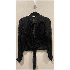 GOOD AMERICAN Leopard Print Front Tie Black Long Sleeve Blouse